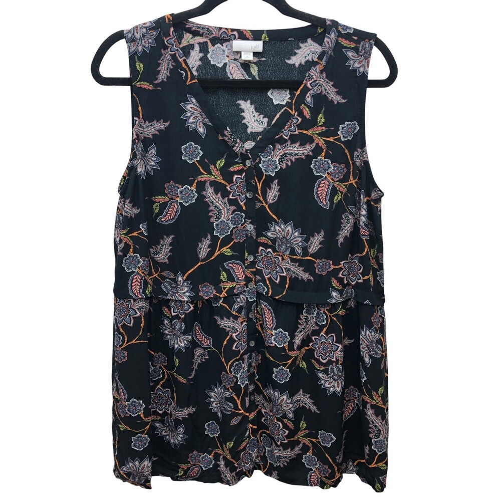 J. Jill Floral Medium Button Down Sleeveless Top Casual Feminine Blouse Black